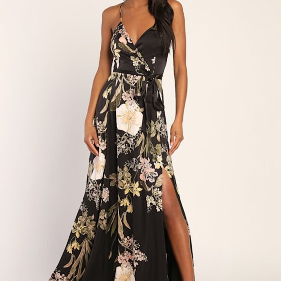 Lulus Still The One Black Floral Print Satin Maxi Dress - Size M - Picture 1 of 1